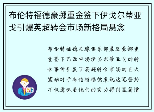 布伦特福德豪掷重金签下伊戈尔蒂亚戈引爆英超转会市场新格局悬念